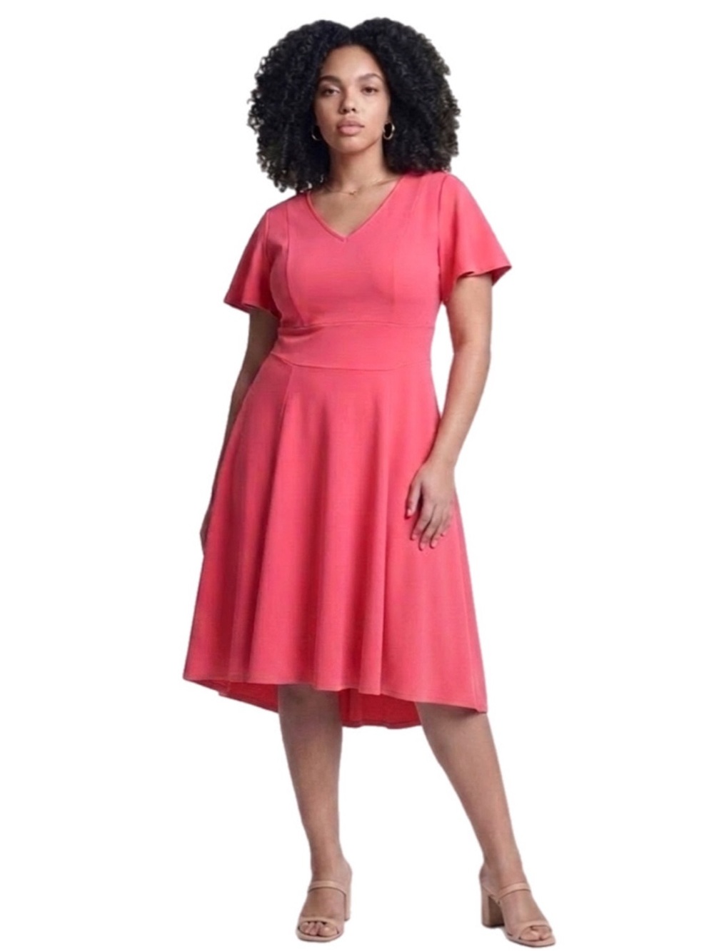Lane Bryant Women's Pink Solid V-Neck Flutter Sleeve Bow Waist‎ Dress 18 NWT